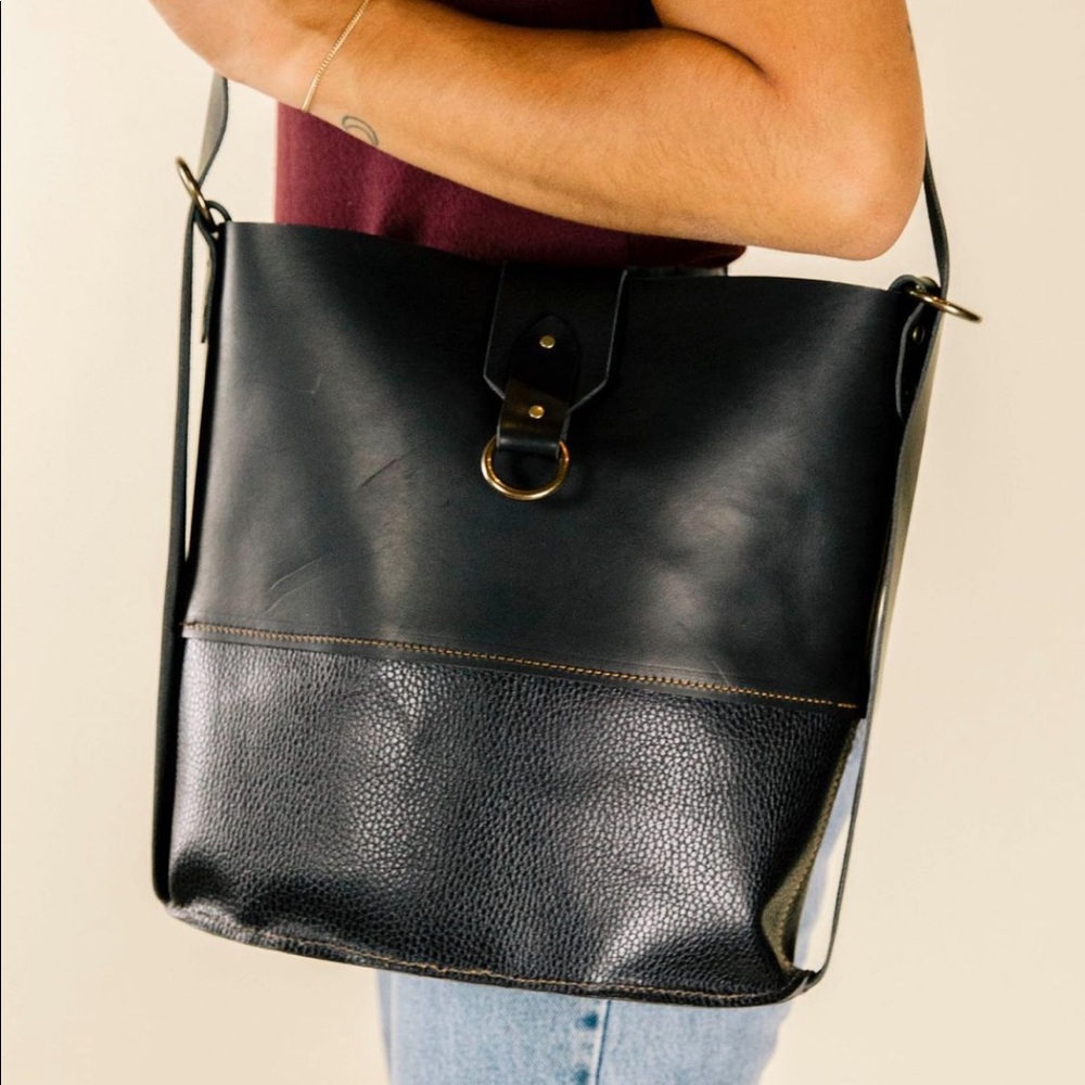 Handmade leather convertible tote/backpack. 100% leather. Black.